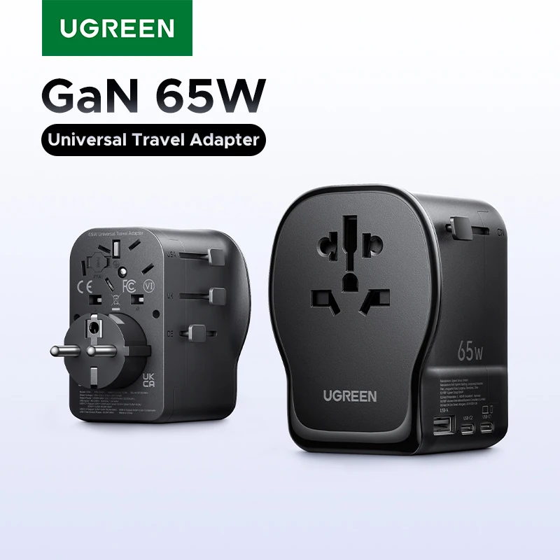 UGREEN GaN 65W Adaptador de Viaje Universal 2 USB-C 1 USB-A Toma AC Certificado CE FCC UL Cargador Rápido Enchufe EU US UK con Toma de Tierra