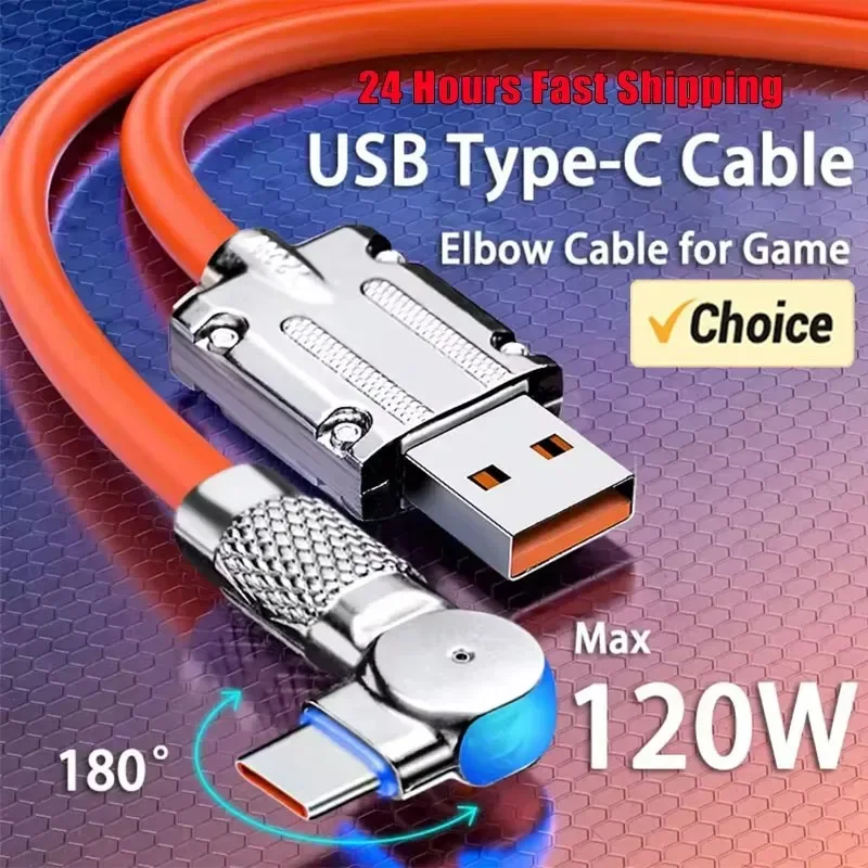 Cable USB tipo C de carga rápida de 120W 7A Cable de codo de rotación de 180 grados para juegos para Xiaomi Redmi Honor cargador de teléfono Cable USB C