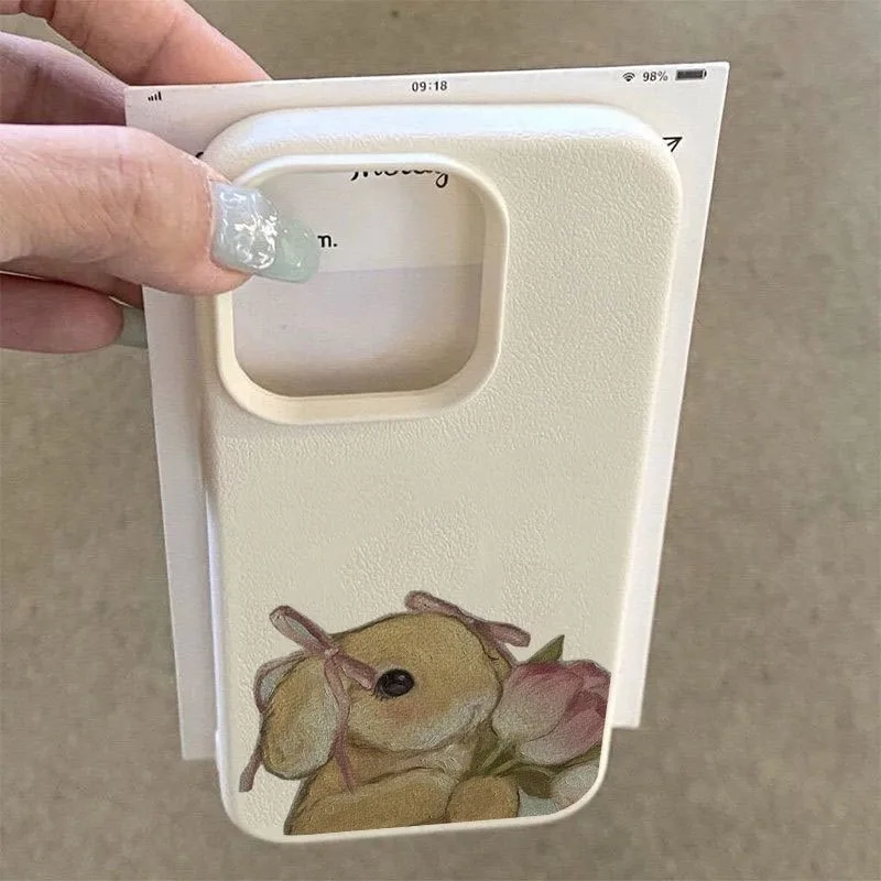 Funda de teléfono con textura de lichi y tulipán, conejo bonito, para iPhone 11, 12, 13, 14, 15, 16, 17 Pro Max Plus 17 Air X XS XR 16E - imagen 4