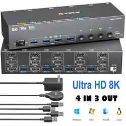 Conmutador KVM Triple Monitor 4 Puertos 8K 60Hz HDMI 2xDP USB 3.0