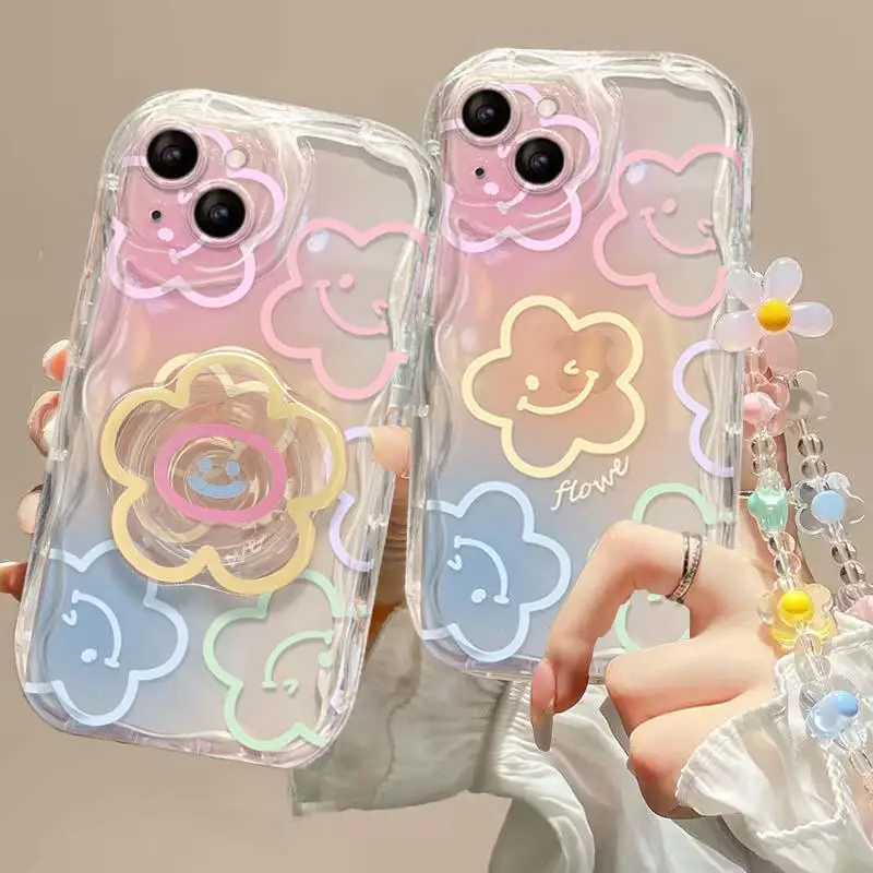 Funda de teléfono con borde ondulado color crema con estampado Floral transparente para Iphone 15 Pro Max 11 12 13 14 15 16 Pro Max 16Pro con bonita funda Chian de flores - imagen 2