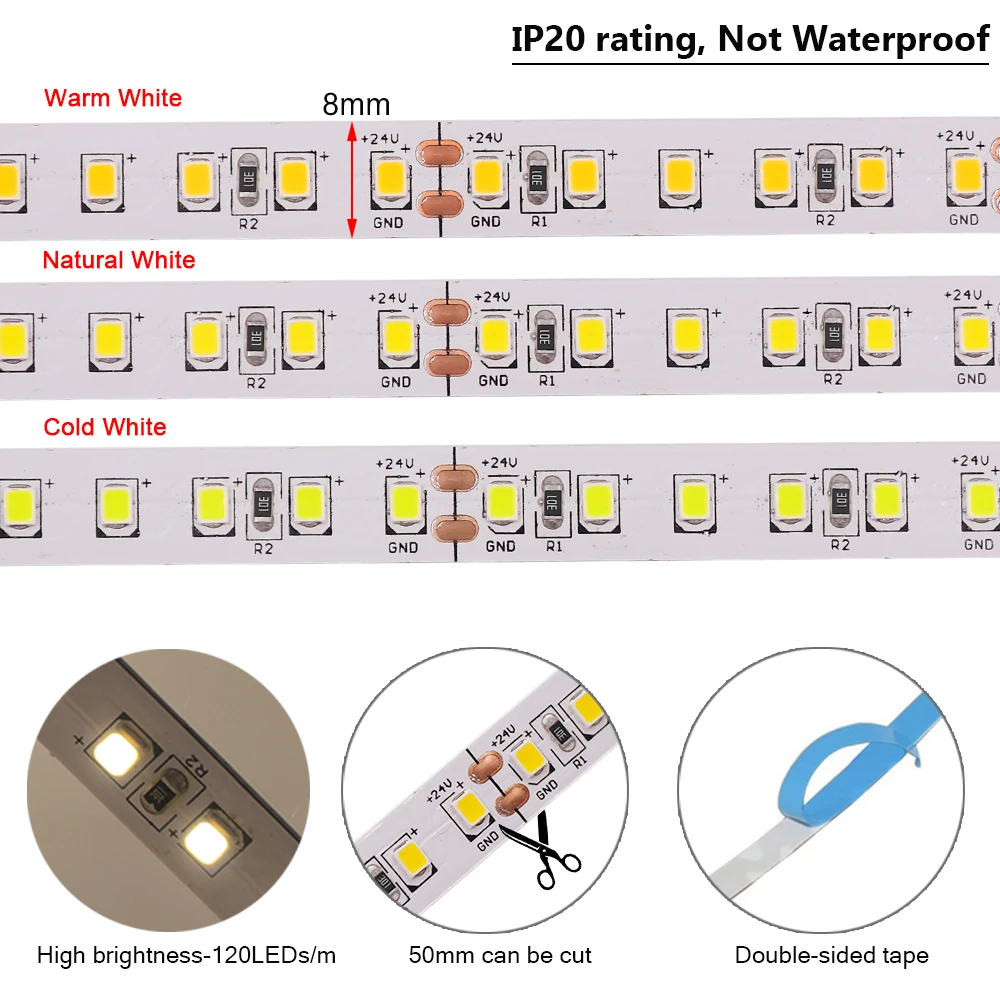 Tira de luces LED de 5M, 10M, 15M, 20M, 24V, 2835, 120LEDs/m, IP20, tira de lámpara para el hogar, cinta Flexible IP68 cálida/Natural/blanca para jardín al aire libre - imagen 3