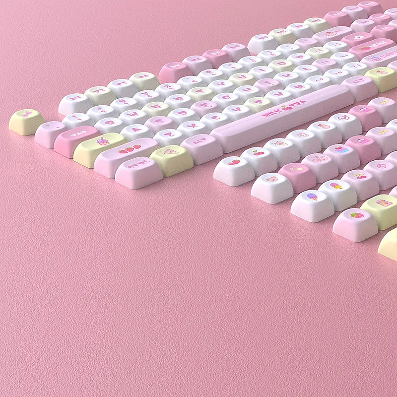 Tapa de tecla con cuentas de fresa, Material MOA PBT, juego completo pequeño DIY, 125 teclas, sublimación de tinte, corazón rosa para niña, bonitas tapas de teclado