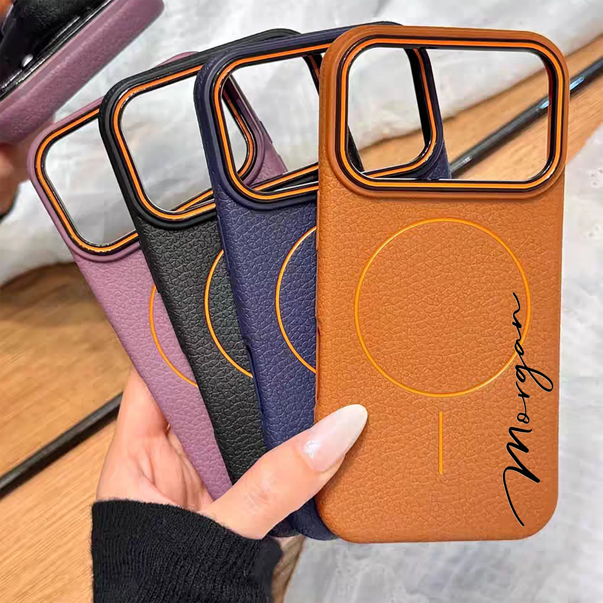 Nombre personalizado Funda de teléfono de TPU magnética con textura de lichi personalizada Compatible con iPhone 17 16 15 14 13ProMax Pro, iPhone 17 Air. - imagen 5