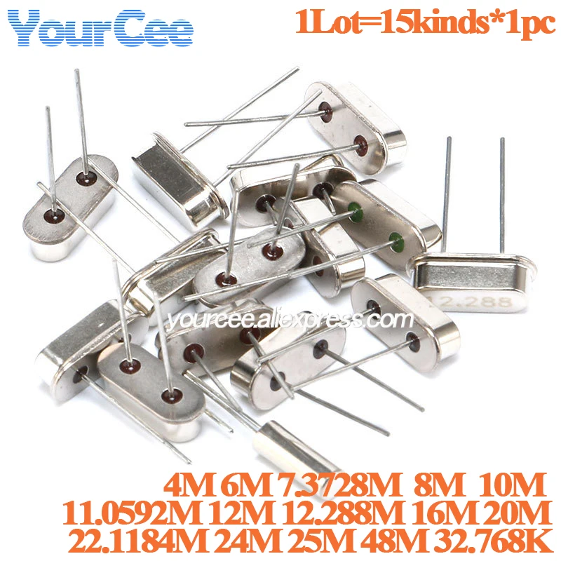 15 unids/lote Kit electrónico de oscilador de cristal Kits de bricolaje resonador cerámica cuarzo 4/6/8/10/11.0592/12.288/16/20/22.1184/24/25/48MHZ