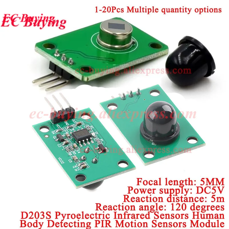 1 unidad-20 piezas Sensor infrarrojo de cuerpo humano D203S interruptor de sonda piroeléctrica PIR movimiento 011050 lente negra 5m ángulo de reacción 120 grados