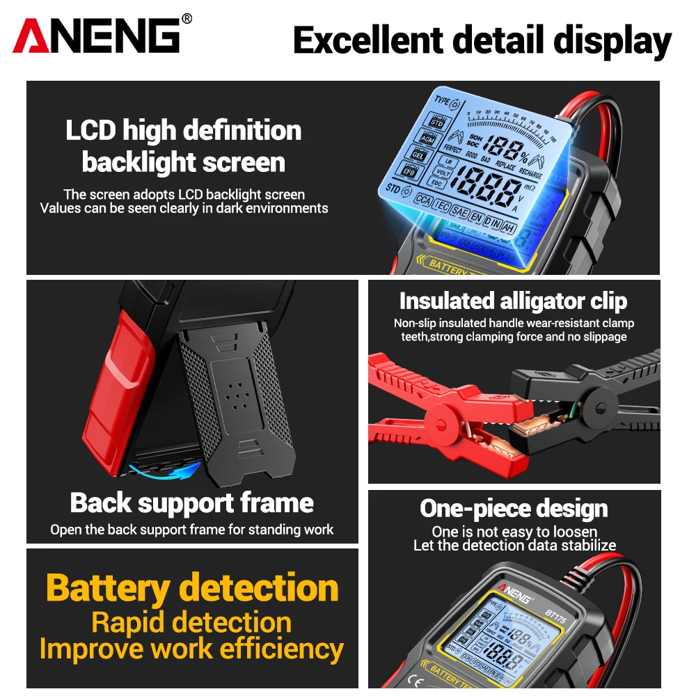 ANENG-Herramienta de prueba de batería Digital Universal con pinza de cocodrilo aislada, pantalla LCD, prueba profesional de batería de coche BT175 - imagen 3