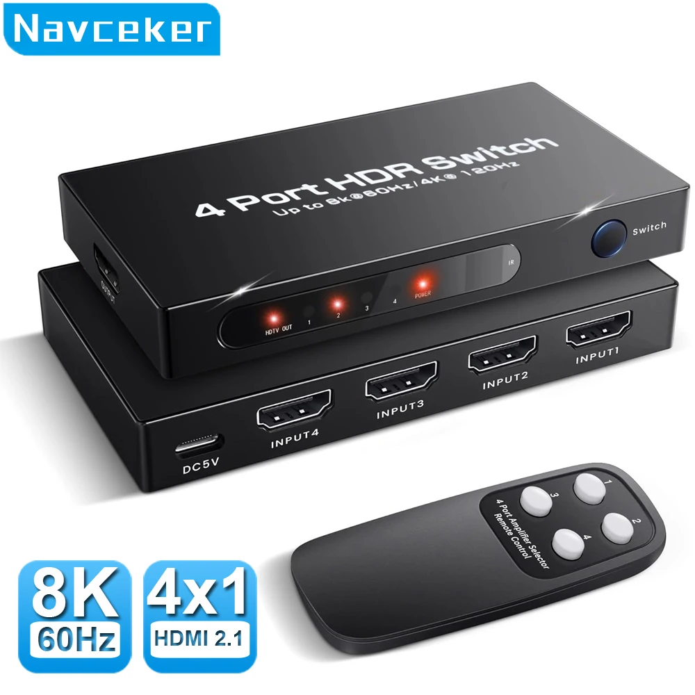 Navceker-conmutador HDMI 2,1, 8K, 60Hz, 4K120Hz, compatible con HDMI, 4 en 1, salida con convertidor de Control remoto para monitores Xbox PS5