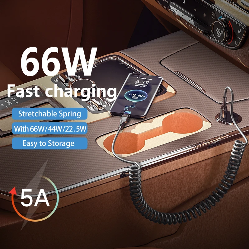 66W 6A tipo C codo resorte telescópico cable de datos de carga rápida teléfono Android para Samsung Huawei Xiaomi para jugar al juego - imagen 2