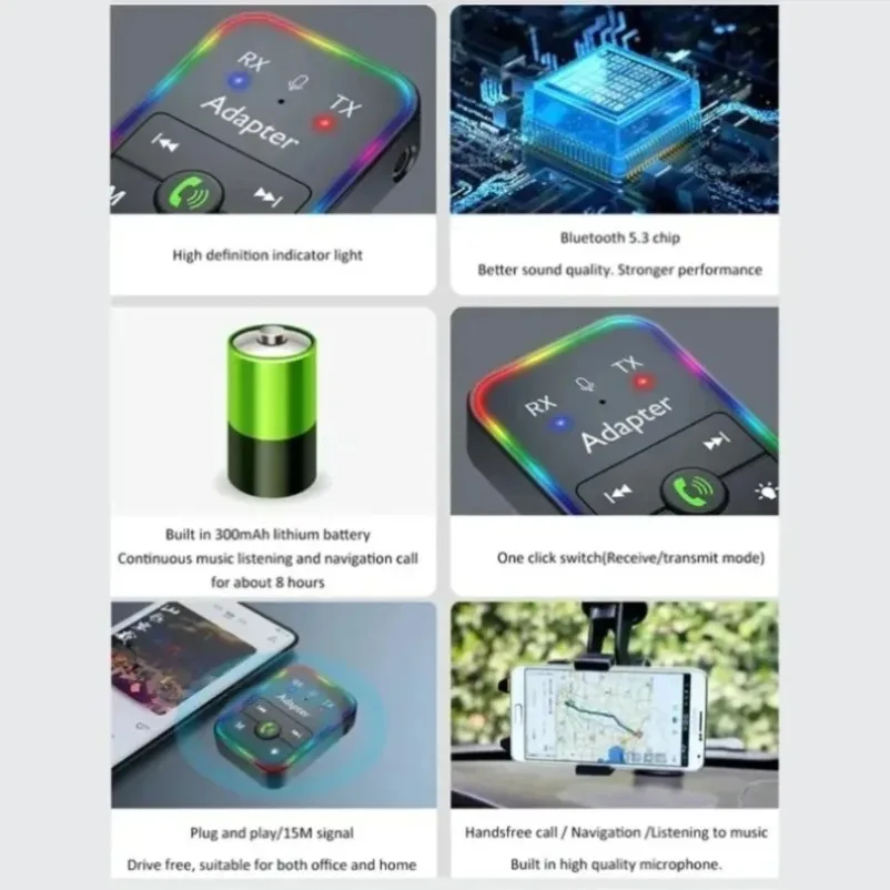 Transmisor o receptor inalámbrico Bluetooth 5,3 2 en 1 para coche, luz RGB, manos libres con micrófono, conector auxiliar de 3,5mm, adaptador de Audio, reproductor MP3 - imagen 5