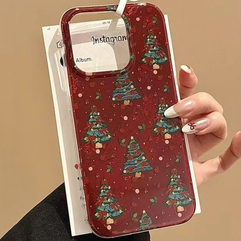 Fondo rojo árbol de Navidad funda de teléfono para iPhone 17 Pro fundas iPhone 16 Pro Max 15 14 13 12 11 XS X XR 7 8 Plus 16E Air Cover