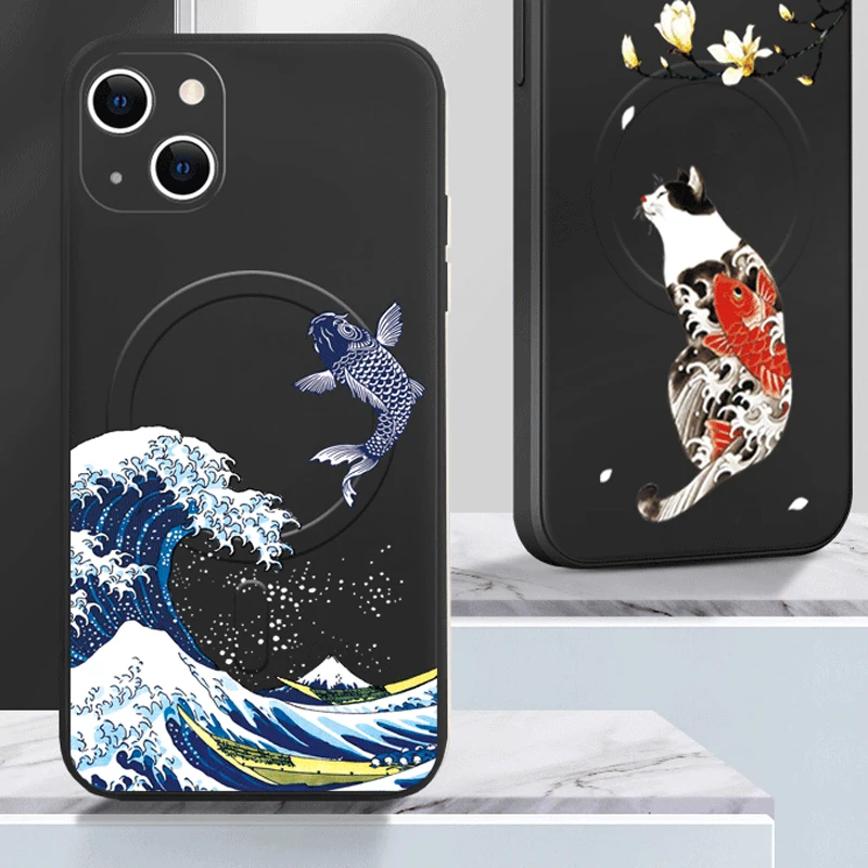 Funda Magsafe de silicona líquida para iPhone 16, 15, 14, 13, 12, Mini 11 Pro Max, XR, XS Plus, estampado de ondas de grulla de gato, Funda suave magnética - imagen 2