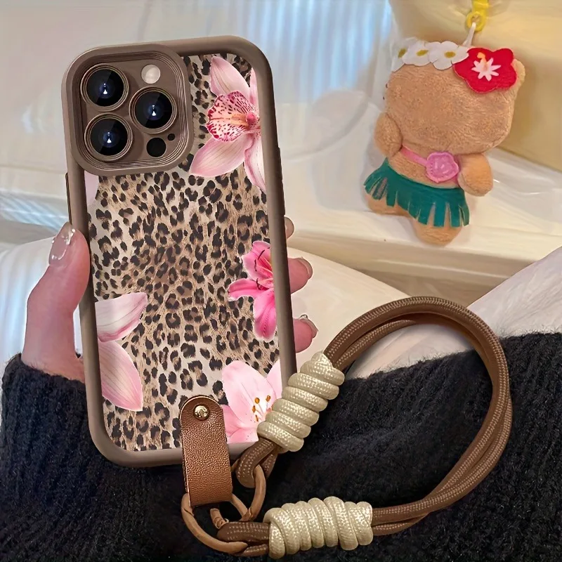 Funda de teléfono con correa de escritura Floral rosa con estampado de leopardo para iPhone 17 Pro Max 16 15 14 13 12 11 16E XS X XR 7 8 Plus cubierta a prueba de golpes - imagen 4