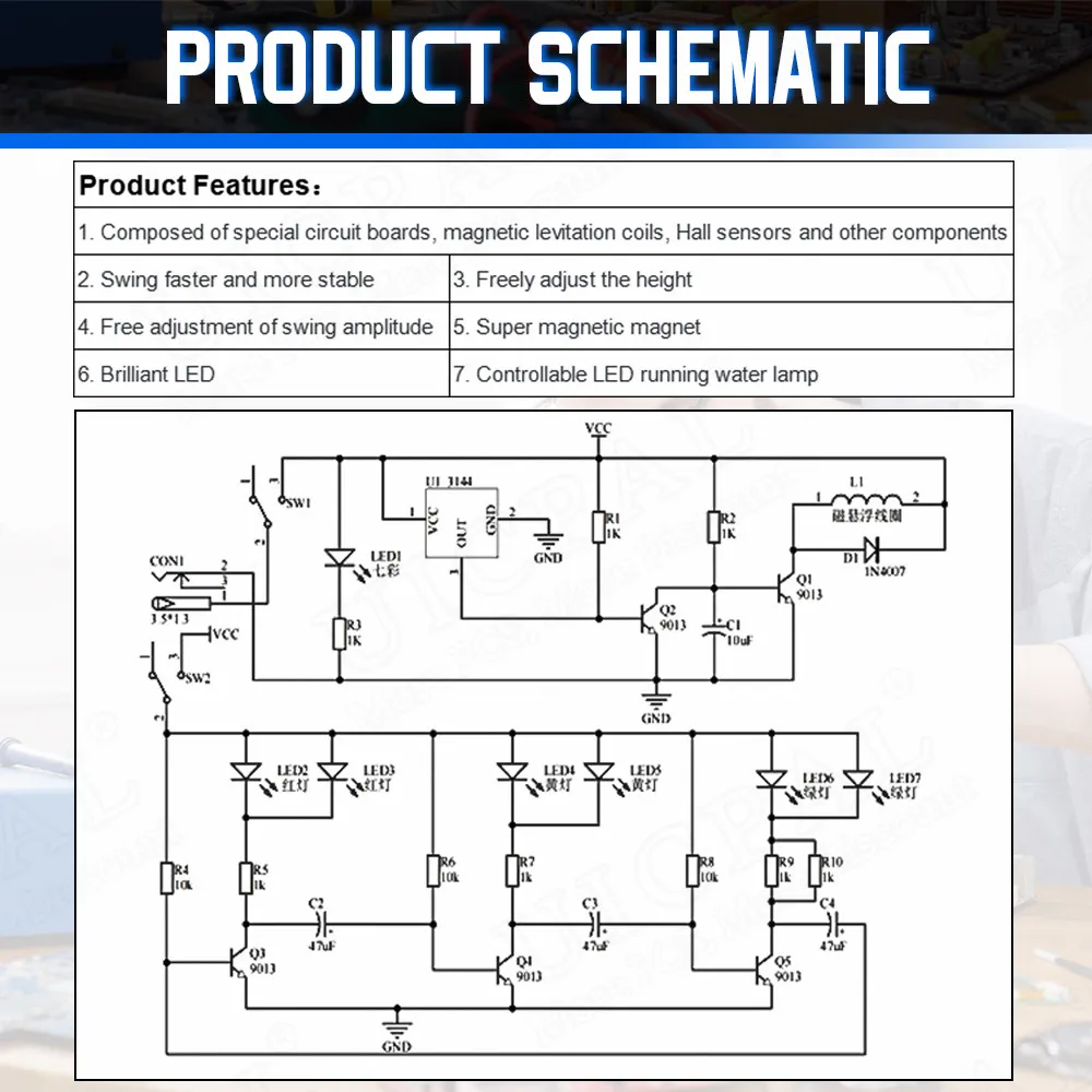Kit electrónico de levitación magnética de oscilación de hojas DIY con luz de flujo LED, Kit de soldadura de práctica científica, fuente de alimentación de 5V - imagen 5