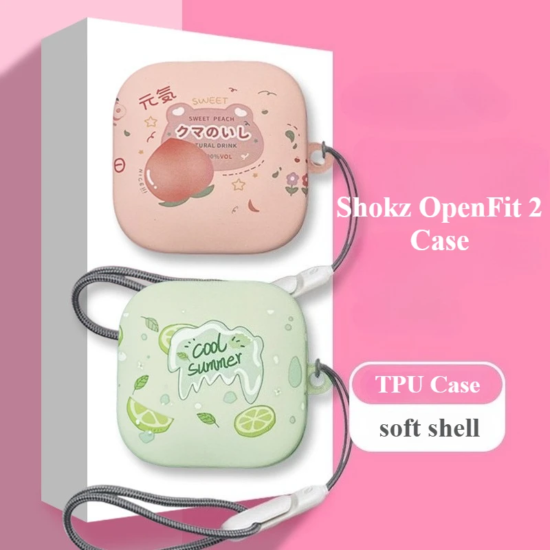 Para Shokz OpenFit 2 T920 funda bonita con colgante de cordón Shokz OpenFit 2 (T920) funda suave de silicona bonita funda protectora de dibujos animados de melocotón