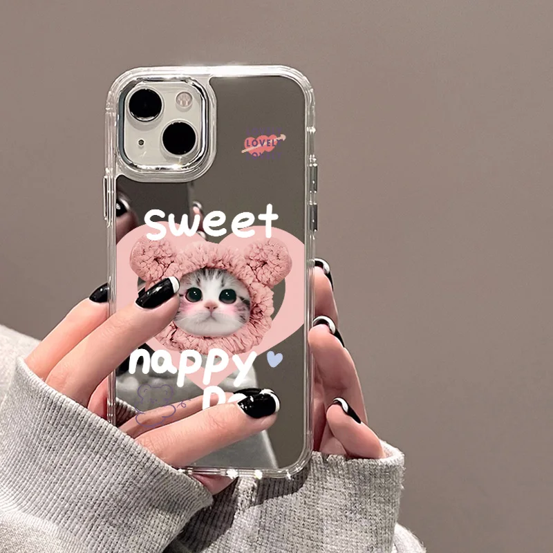 Funda de espejo de maquillaje de lujo para iPhone 11 Funda Coque iPhone 15 13 14 12 Pro Max XR X XS fundas de gato dulce galvanizadas de silicona - imagen 3