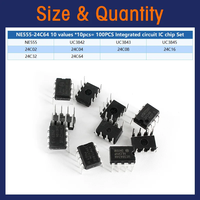 Kit de electrónica de 10 valores, Chip IC de circuito integrado, NE555, UC3842, UC3843, UC3845, 24C02, 24C04, 24C08, 24C16, 24C32, 24C64 - imagen 3