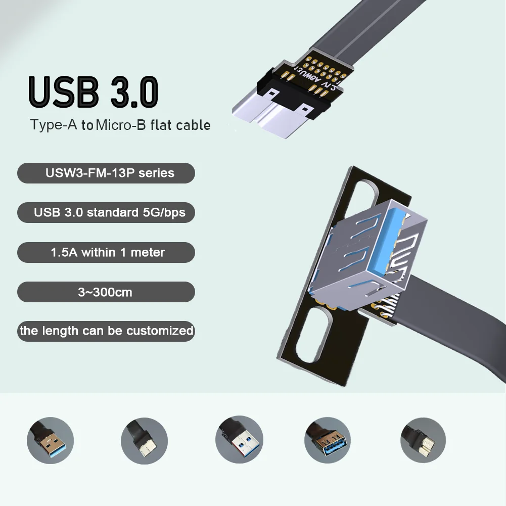 Cable de cinta plana FPV Micro USB 3,0 macho a tipo A hembra en ángulo izquierdo y derecho hacia arriba y hacia abajo Cable de fotografía aérea tipo A a Micro-B