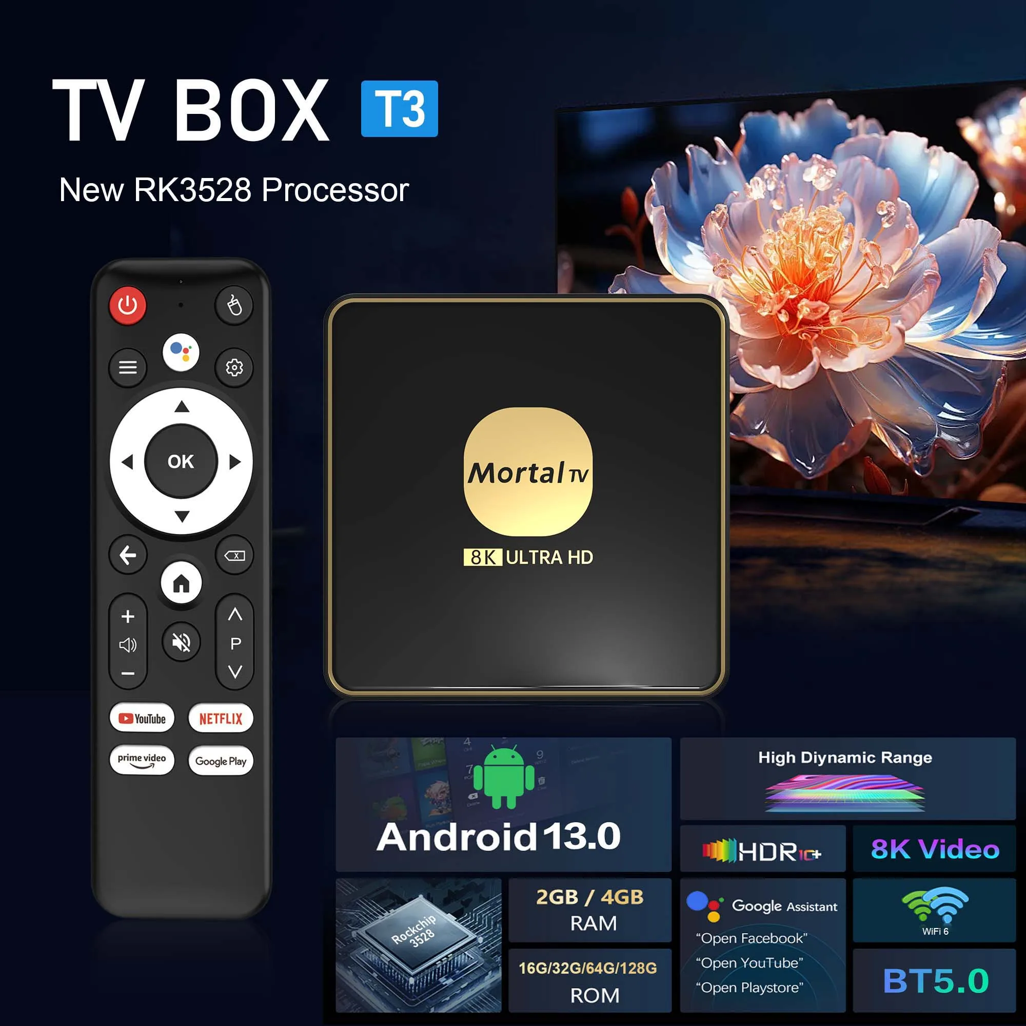 Mortal T3 Smart TV Box Android 13 Rockchip 3528 Google Asistente Wifi 6 Transmisión 4GB32GB Bluetooth Chromecast TV de lenguaje múltiple - imagen 2