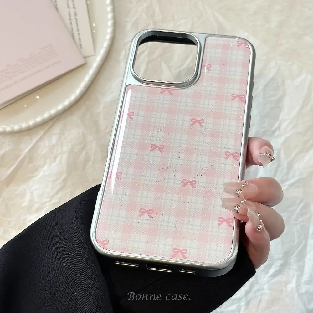 Dulce rosa azul Bowknot patrón de rejilla brillo gota pegamento borde plateado funda de teléfono para iPhone 17 16 15 14 13 12 Pro Max Plus - imagen 4