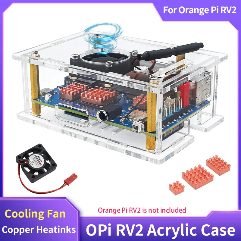 Caja protectora de acrílico Orange Pi RV2, ventilador de refrigeración de carcasa transparente, disipadores de calor de cobre opcionales para placa única Orange Pi RV2 - imagen 2
