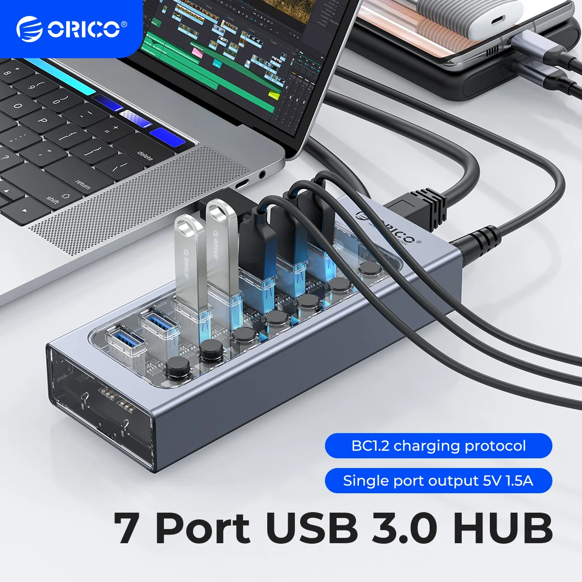 ORICO-HUB USB 3,0 Industrial, 7/10/13/16, divisor de aluminio, interruptor de encendido/apagado con adaptador de corriente de 12V, compatible con carga para ordenador - imagen 2