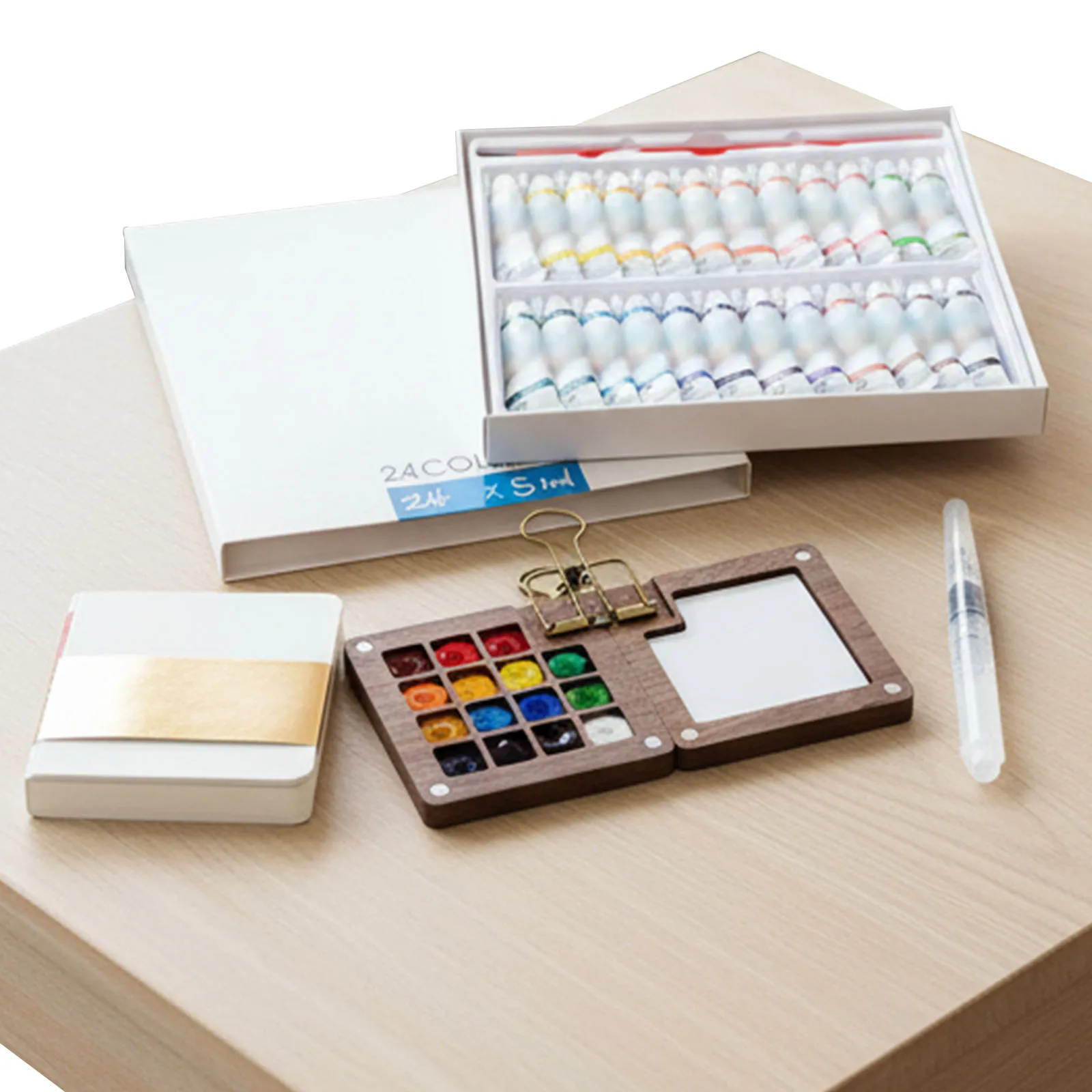 Mini juego de pintura de acuarela, Kit de viaje de bolsillo de madera para artistas con pincel y cuaderno de bocetos, juego de acuarelas portátil para artistas pintores - imagen 4