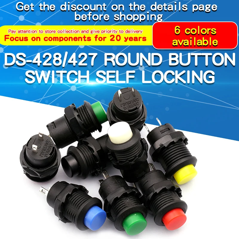 6 uds DS-428/427 PBS-11B 12MM interruptor de botón de plástico autoblocante momentáneo 3A 125V 1.5A 250V AC 2 pines 6 colores - imagen 2