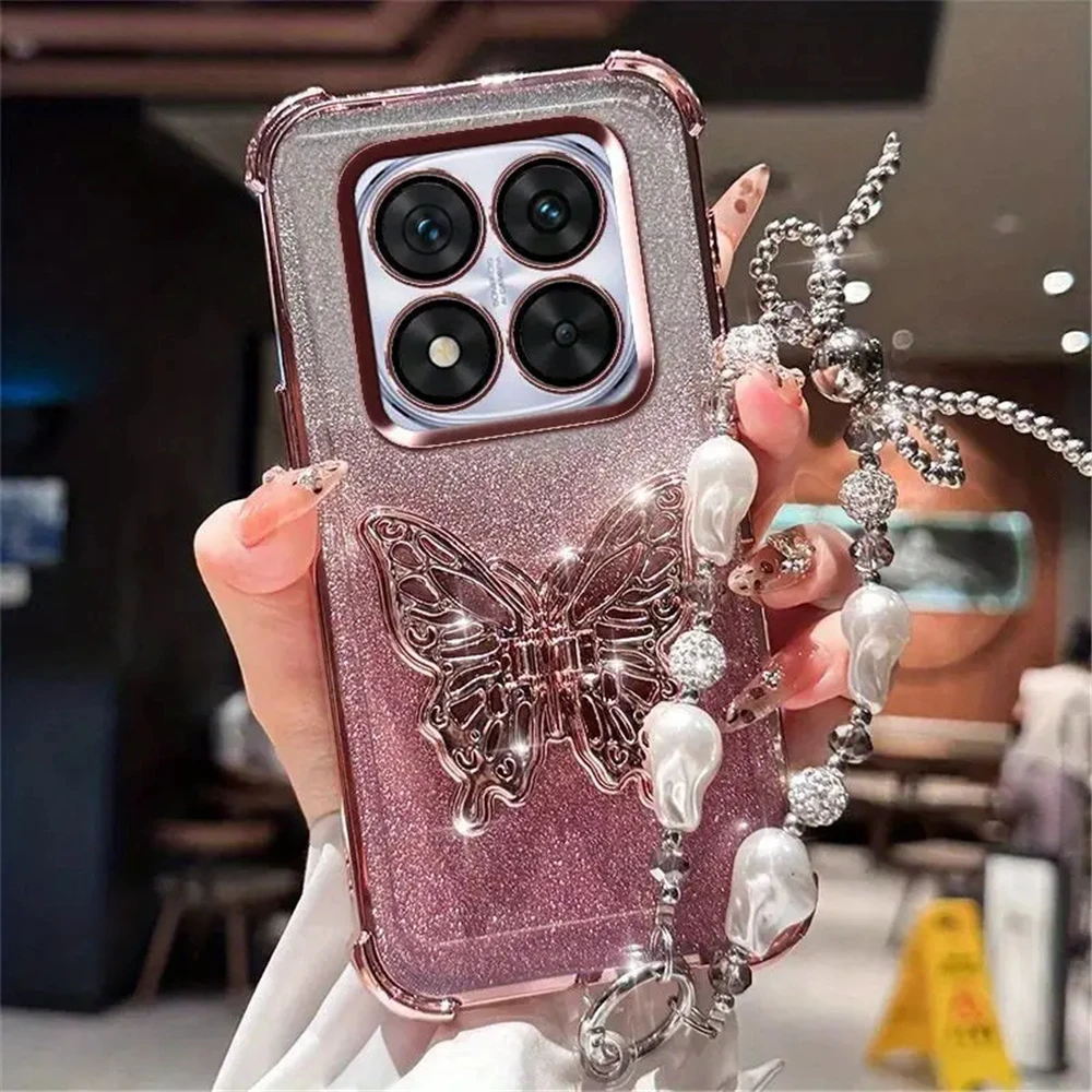 Funda de teléfono con soporte de mariposa y pulsera de perlas para Xiaomi Redmi Note 12 Pro 11S 10S 9S 12 11 10 9 Pro, funda suave a prueba de golpes con purpurina - imagen 4