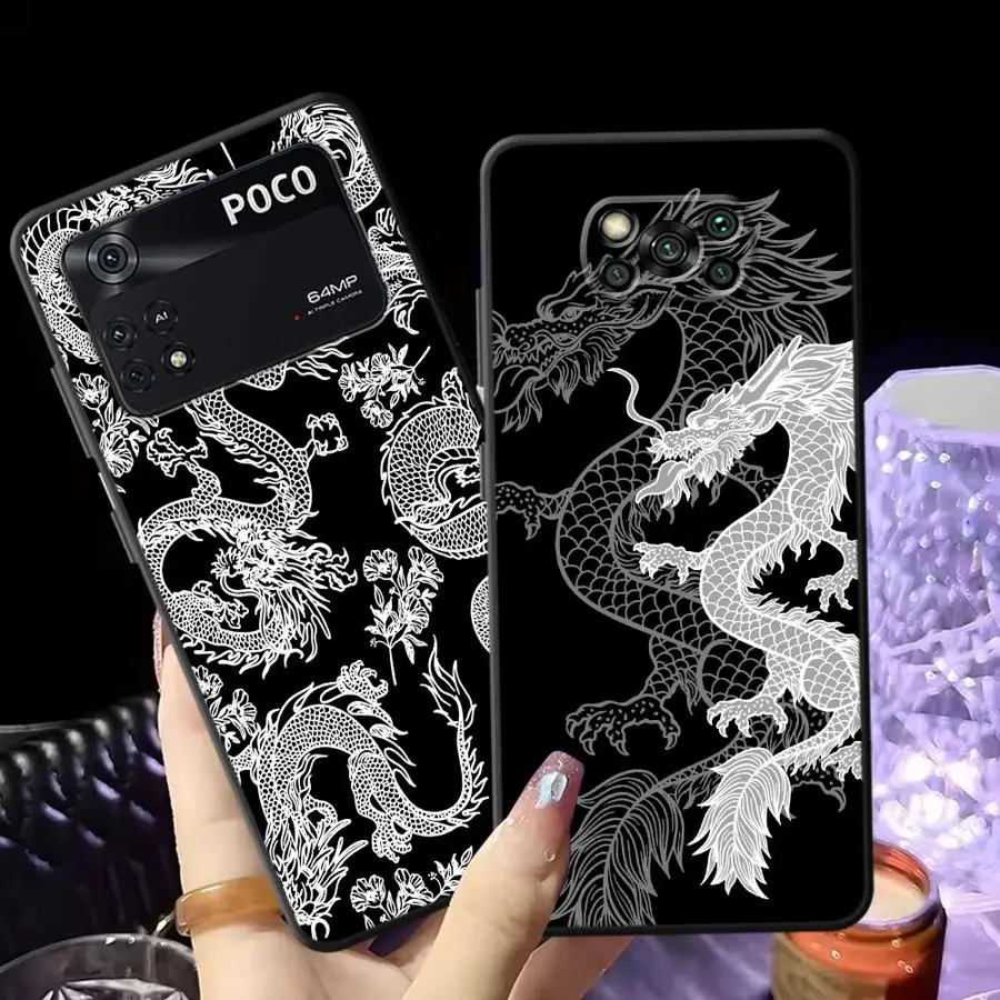 Funda de teléfono suave negra para Xiaomi Poco C50 C40 X3 X4 X5 X7 Pro M5 C75 M3 M4 M7 Pro F3 F1 C61 C71 dragón chino fresco