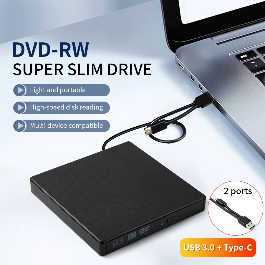 2 en 1 USB3.0 C delgado externo DVD RW CD escritor unidad grabadora reproductor unidades ópticas para ordenador portátil PC grabadora de DVD portátil - imagen 2