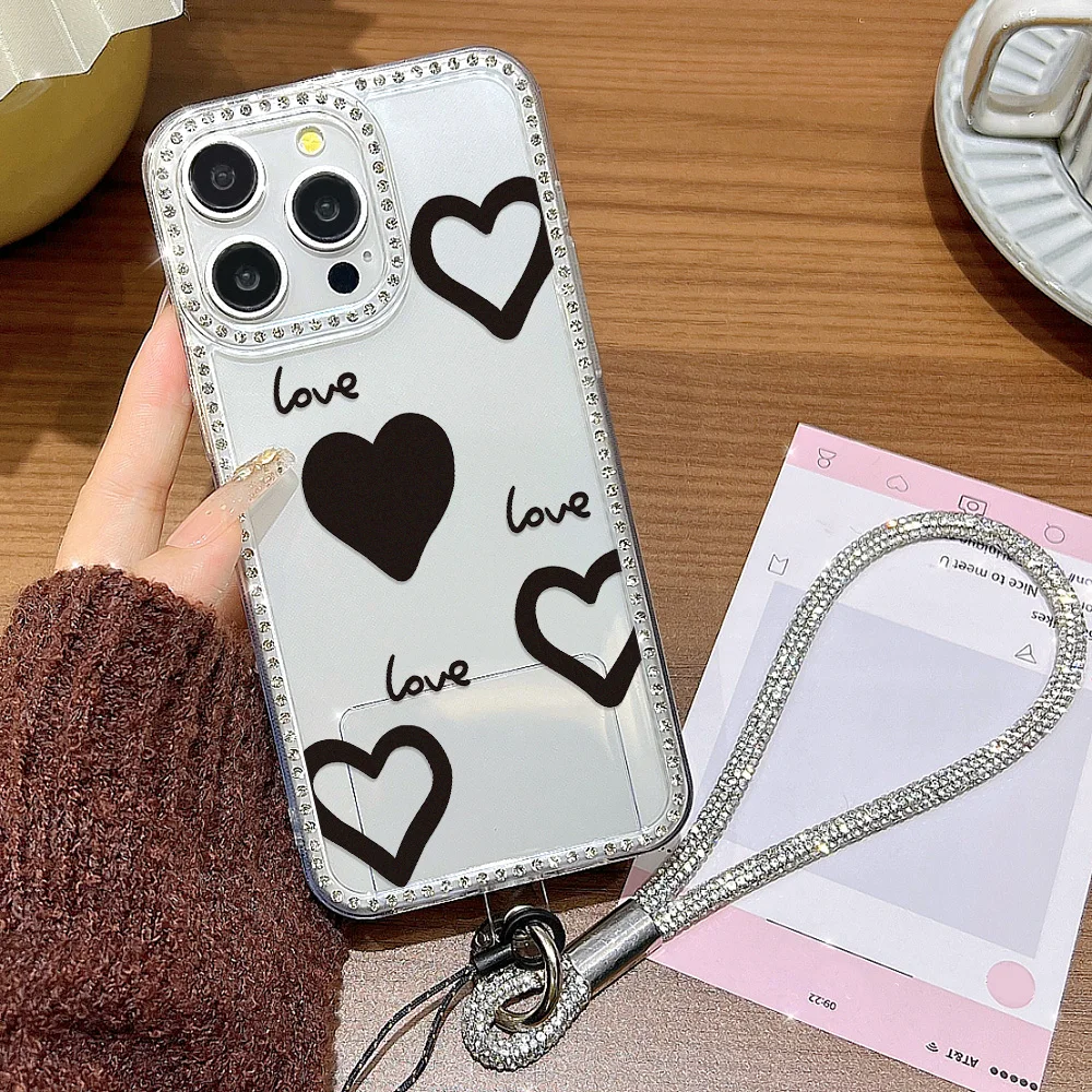 Funda de teléfono Diamond Love Heart para iPhone 17 Pro Max 15 16 11 13 14 12 Air transparente a prueba de golpes Funda parachoques con cordón