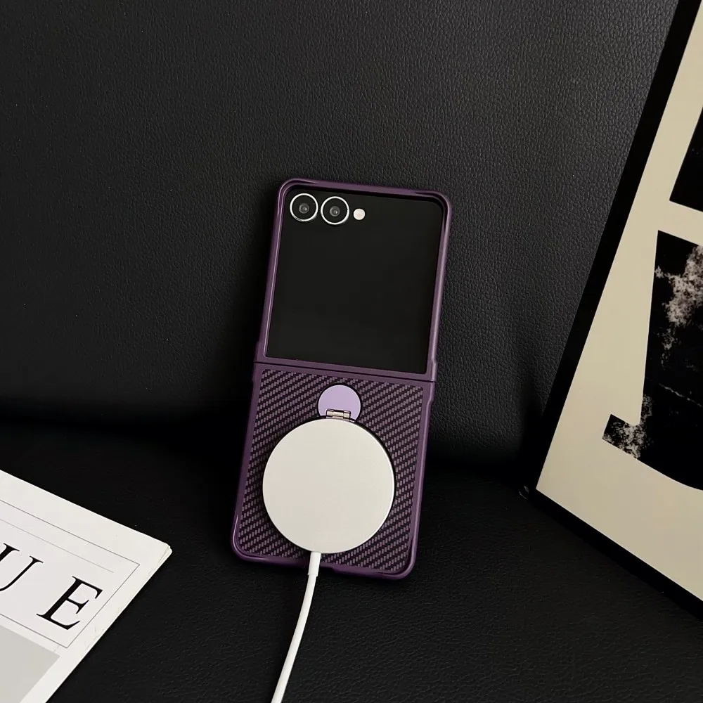 Para Samsung Galaxy Z Flip 7 funda dura de fibra de carbono anillo soporte magnético carga inalámbrica cubierta protectora trasera para Z Flip7 Shell - imagen 4