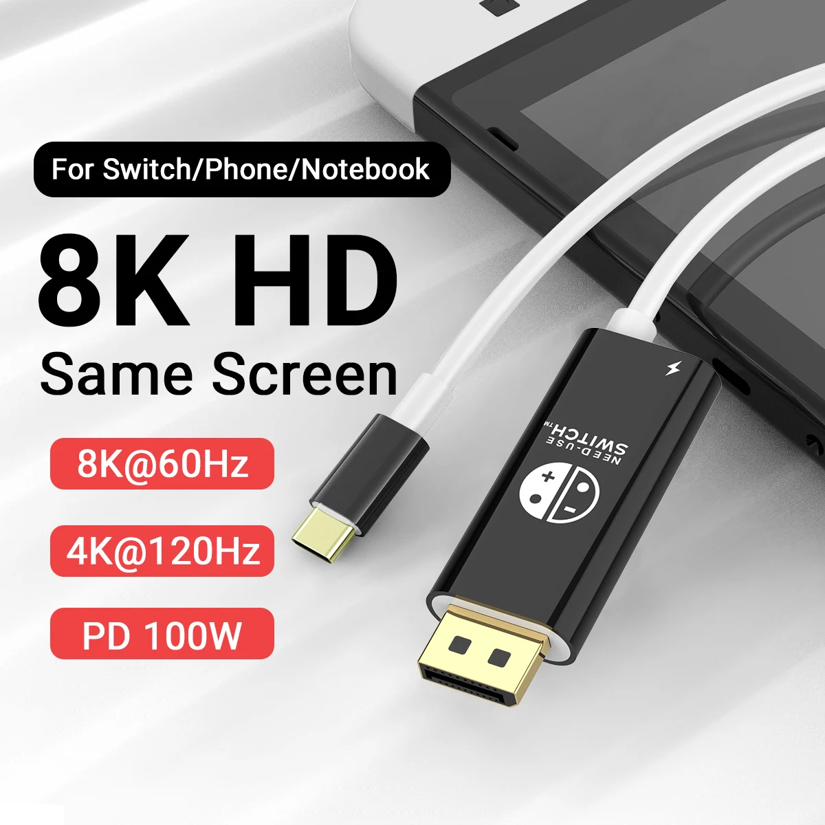 Cable adaptador UHD de 6,6 pies, 8K @ 60Hz, USB C a puerto de visualización, con carga PD 100W, Compatible con Switch/OLED