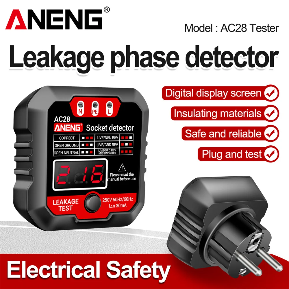 ANENG-Detector de enchufe AC27/AC28, enchufe de EE. UU./UE, prueba de voltaje, medidor de retención de fase de polaridad, herramienta de detección de electroscopio multifunción - imagen 2