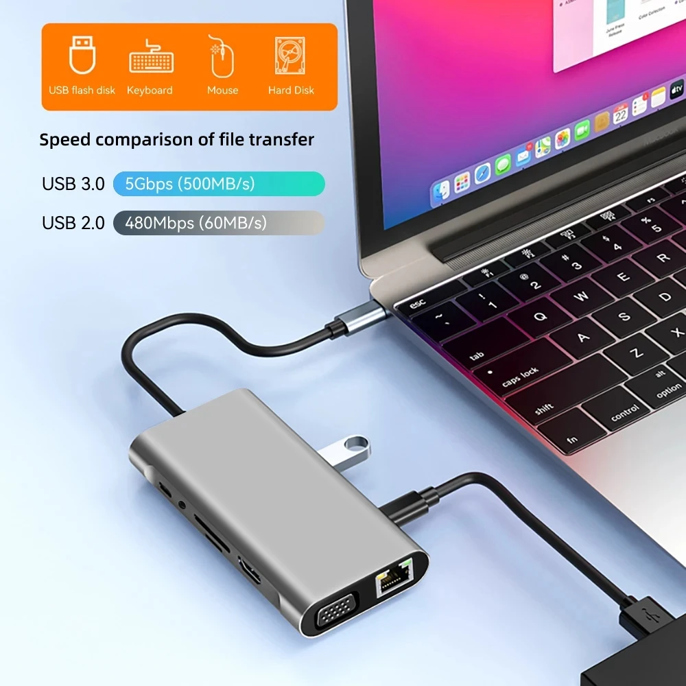 USB C HUB tipo C a RJ45 4K 30Hz HDMI VGA adaptador SD TF USB 3,0 2,0 acoplamiento PD 87W USB C divisor para MacBook Pro Air - imagen 3