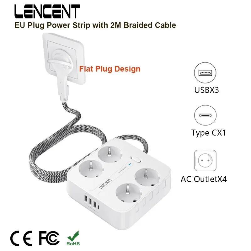 Regleta de alimentación con enchufe europeo LENCENT con 4 tomas de CA + 3 USB + 1 tipo C + Cable trenzado de 2M/3M enchufe múltiple con interruptor para hogar/oficina