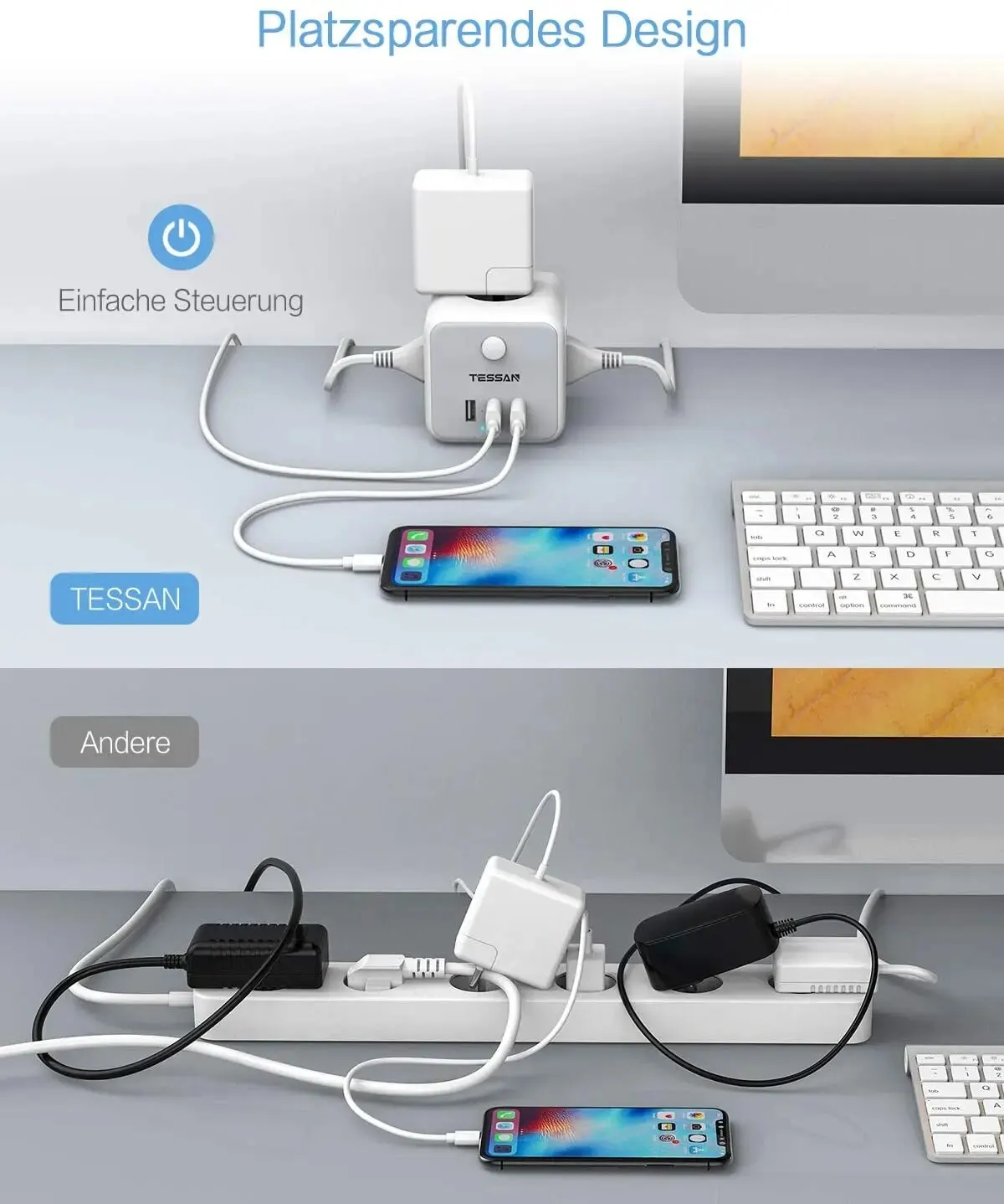 TESSAN-regleta de alimentación USB Cube con 3 salidas de CA, 3 puertos USB, Cable de extensión de 1,5 M, adaptador de corriente multienchufe con interruptor para el hogar - imagen 4