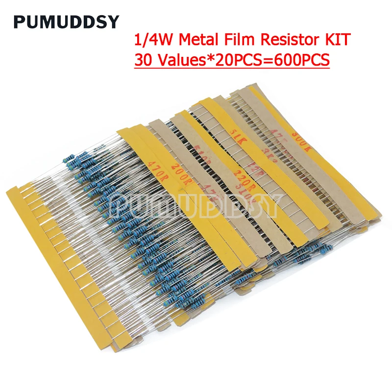 Kit surtido de resistencias de película metálica, paquete de bricolaje electrónico, 1/4W, 600, 30 valores x 20 piezas