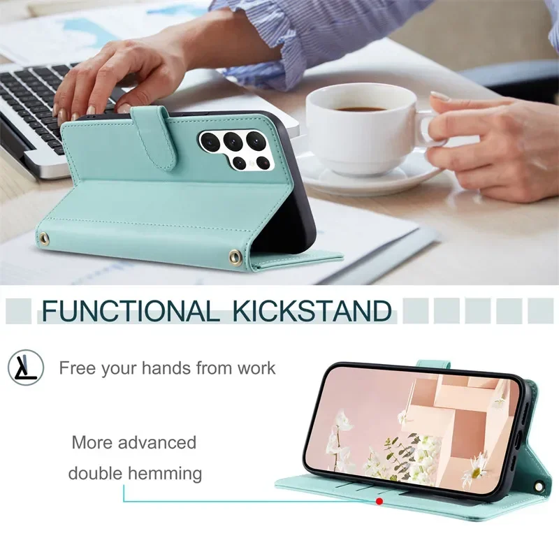 Funda tipo billetera de cuero a cuadros cruzada para Samsung Galaxy S24 Ultra S23 Plus S22 S21 FE A55 A25 A35 A15 funda con tapa con cordón - imagen 5