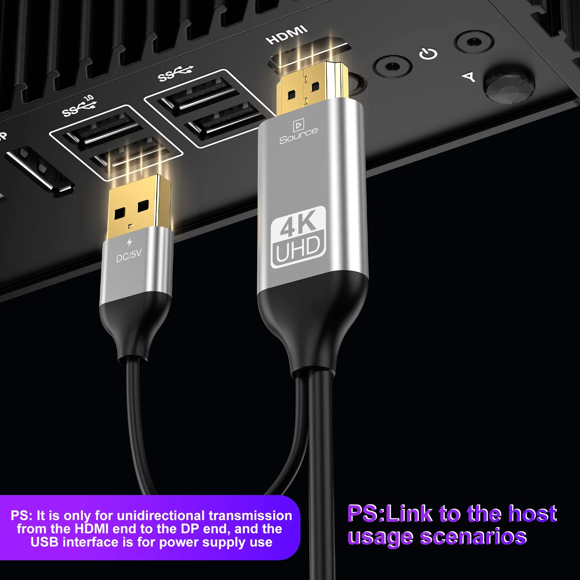 Cable HDMI a DisplayPort 4K @ 60Hz Cable convertidor adaptador HDMI a DP uni direccional 4K HDR18gbps(DSC) para PC portátil Monitor PS5 - imagen 4