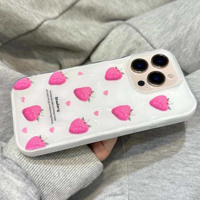 Fundas de teléfono con textura de fresa rosa para IPhone 16 Pro 15 13 12 11 14 Pro Max, funda protectora a prueba de golpes para chica encantadora, verano - imagen 5