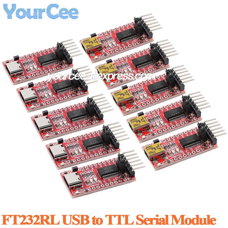 Placa de conversión de módulo de puerto serie USB a TTL FT232RL, compatible con línea de cepillo de quemador de descarga de 3,3 V y 5V, tipo C/ini, 5 uds./1 ud.