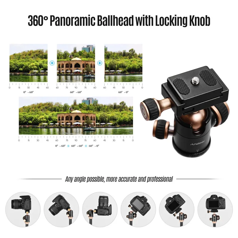 Andoer-trípode para cámara Q160SA con cabezal de bola panorámico, portátil, de viaje, para cámaras DSLR, videocámara, proyector, trípode completo - imagen 5