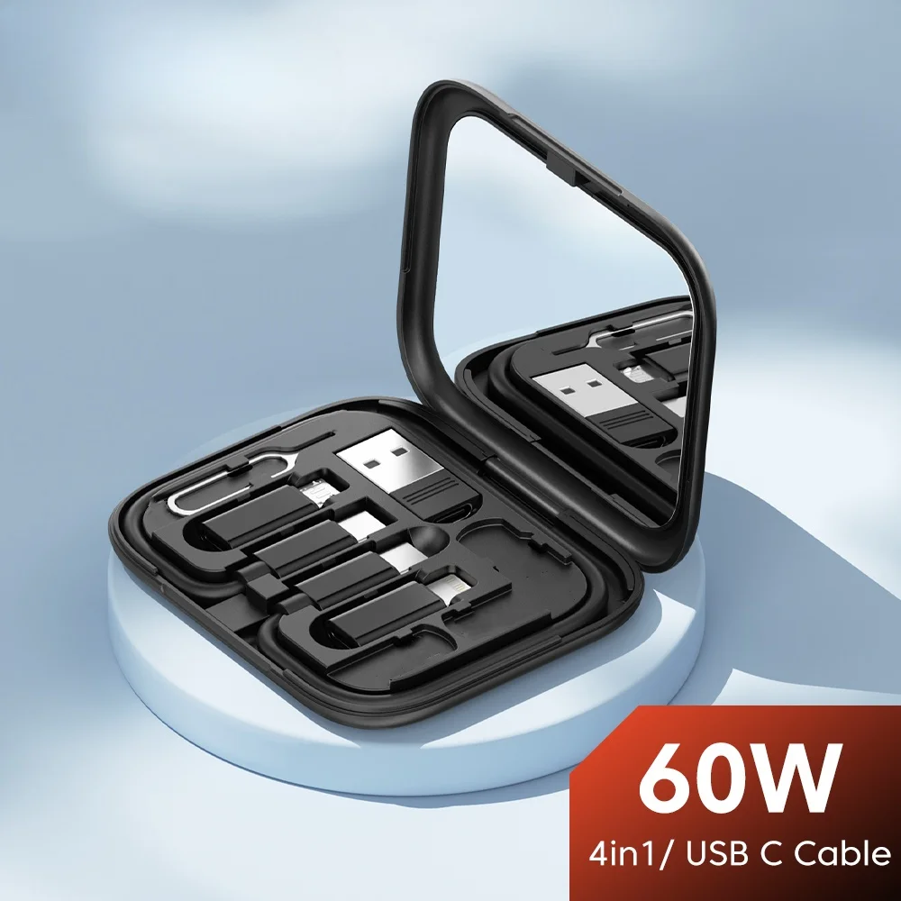 60W 4 en 1 double câble type-c Mini cordon de charge rapide ensemble boîte de rangement avec support de téléphone portable pour Xiaomi Huawei Samsung iPhone