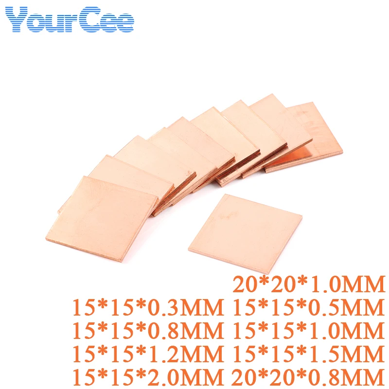 10 Uds 15mm x 15mm 0,3mm 0,5mm 0,8mm 1mm 1,2mm 1,5mm 2,0mm de espesor disipador térmico cuña de cobre almohadillas térmicas para ordenador portátil IC Chipset GPU CPU