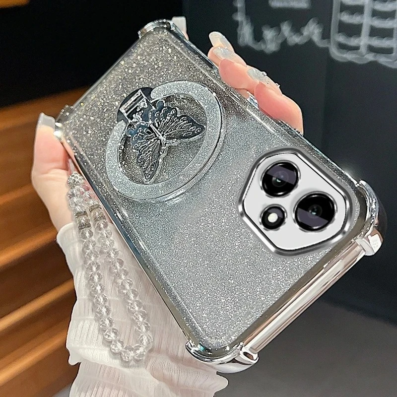 Honor400-funda con cadena y cordón con soporte de mariposa para Huawei Honor 400 Pro Lite, funda con soporte de silicona chapado a prueba de golpes, Honor400pro - imagen 3