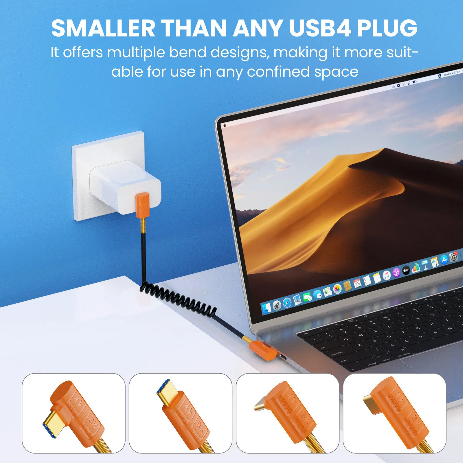 Cable retráctil USB4 de doble puerto tipo C con resorte, 240W (48V/5A), 8K, 60Hz, Cable para ordenador portátil Thunderbolt, Cable PD Coaxial de 40Gbps, 1m - imagen 2