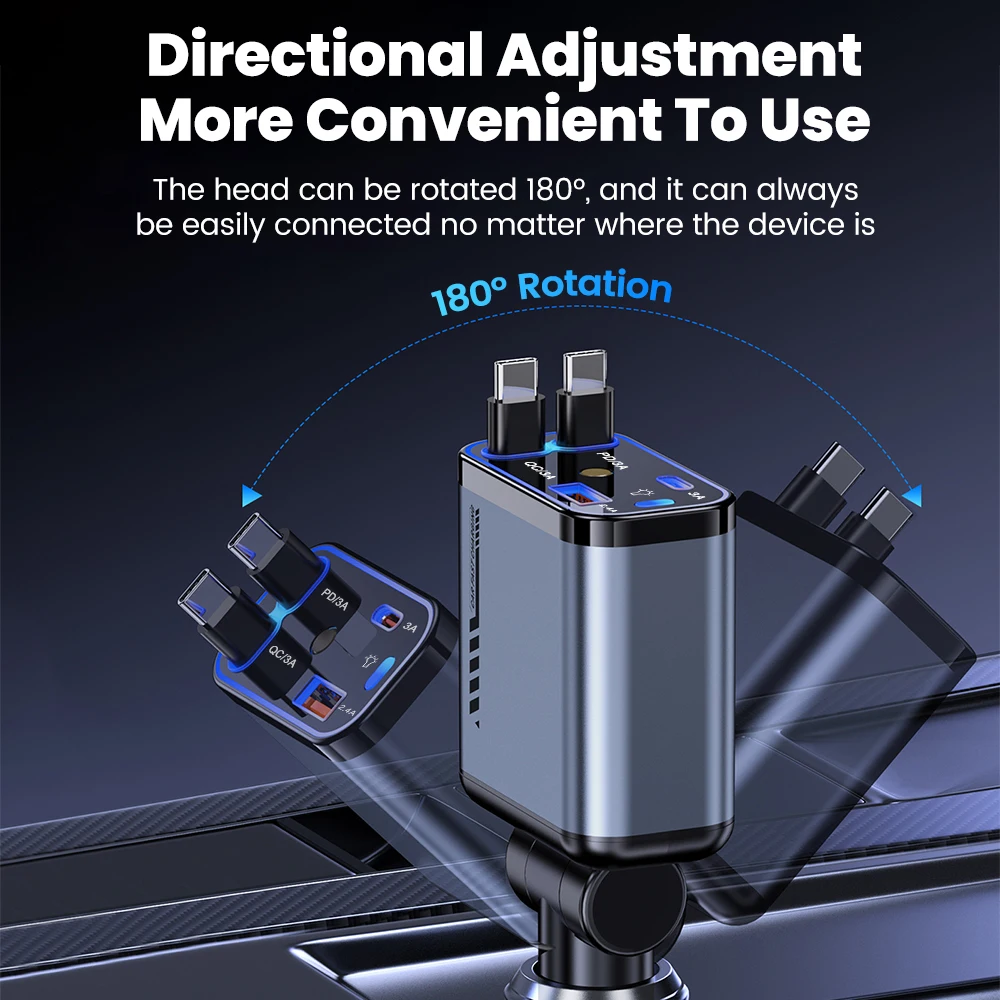 Cargador de coche 4 en 1 120W 180 ° Cable retráctil tipo C del adaptador Starlight del cargador de coche de carga rápida giratoria para iPhone 15 16 Samsung - imagen 3