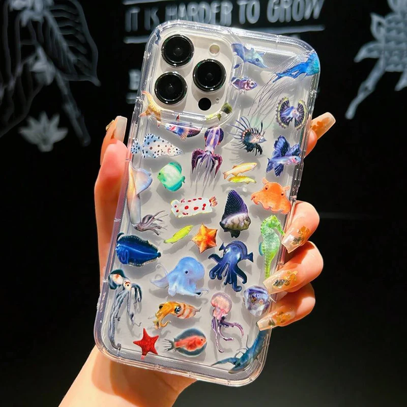 Funda de teléfono transparente a prueba de golpes con tema de vida oceánica para iPhone 16E 16 15 14 13 12 11 Pro Max Plus 7 8 SE2 XR X XS
